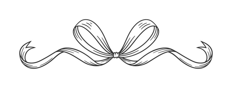 Coquette bow black, thin line drawing. Hand drawn illustration of vintage tied ribbon. Wedding, birthday gift sketch in retro style. Cute girly vector illustration. Doodle lace. - Powered by Adobe