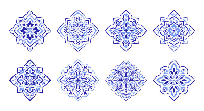 Mediterranean blue patterns set. Floral mosaic design. Traditional Spanish, Portuguese, Sicilian, Italian motifs on white background. Ethnic ornament with leaves for ceramic. Vector illustration