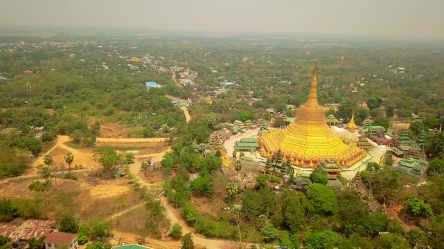  Futuristic aerial view panorama of developing Yangon city , Aerial view of Sule pagoda in downtown, Yangon, Myanmar. Sule Pagoda located in the heart of Yangon, Karaweik royal barge, Kandawgyi Lake, 