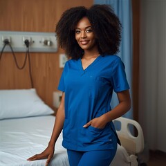 Smiling African American Nurse in Blue Scrubs in Hospital Room