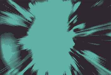 Vector illustration showcases a bold halftone splash effect in turquoise on a dark background, with dynamic, radiating shapes. The design features a retro pop art style of manga comics.