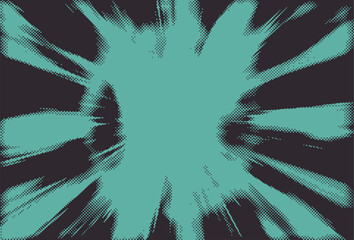 Vector illustration showcases a bold halftone splash effect in turquoise on a dark background, with dynamic, radiating shapes. The design features a retro pop art style of manga comics.