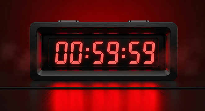 Clock or countdown timer glowing in red and black colors, symbolizing limited-time offers and urgency - Powered by Adobe