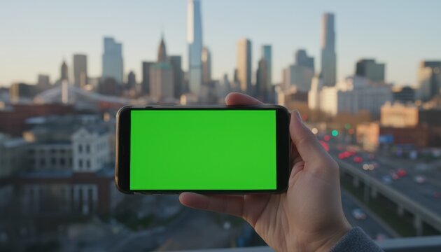 Person holding smartphone with green screen against city skyline representing technology and digital lifestyle concept