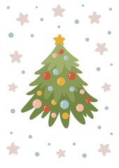 Cute Christmas tree illustration with colorful ornaments and stars for festive winter decor. Cozy Scandinavian style artwork for Christmas design 