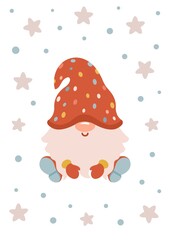 Adorable Christmas gnome illustration with red hat, stars, and snow. Perfect for holiday greeting cards, posters, prints, and cozy winter decor. Cute Scandinavian style artwork for Christmas projects