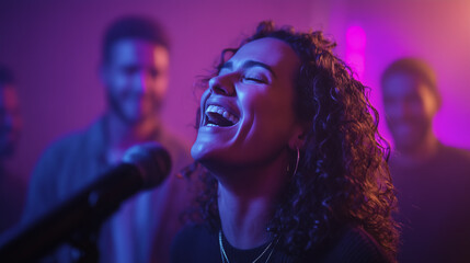 Colleagues Cheering on a Friend Singing in a Karaoke Room