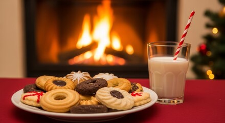 Christmas Cookies and Milk by the Fireplace
