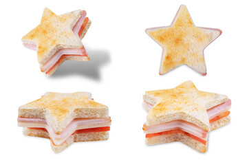 Ham tomato and cheese canape sandwiches in the form of star for Christmas holidays on a white isolated background