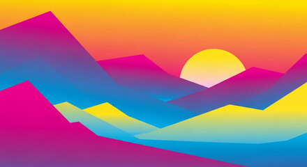 Vibrant Mountain Range Background with Gradient Color and a Setting Sun, Perfect for Technology and Travel Illustrations