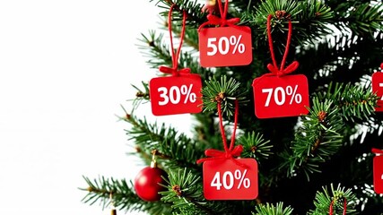 Christmas tree adorned with vibrant red discount tags showcasing various percentages, capturing the festive spirit and holiday shopping excitement, camera pans across the scene