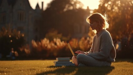 Female college student sitting on a university lawn on a sunny evening, using her laptop to study. Concept of higher education