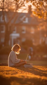 Female college student sitting on a university lawn at golden hour, using her laptop to study. Concept of higher education