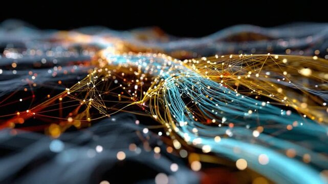 Connected Digital Threads: A mesmerizing network of glowing digital threads intertwines and flows, illustrating the intricate interconnectedness of modern technology, showcasing the flow of data.