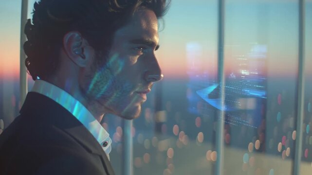 Male professional in modern rooftop office with a holographic AI-assistant interface floating beside him, concept of evolving technology in the workplace