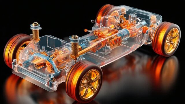 Automotive Technology: A transparent car chassis showcases intricate mechanical components, revealing the engineering behind modern vehicle design.