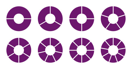 Purple wheel round divided diagrams with two, three, four, five, six, seven, eight, nine, ten, eleven segments. Circle division on 2, 3, 4, 5, 6, 7, 8, 9, 10, 11 equal parts. Coaching blank.