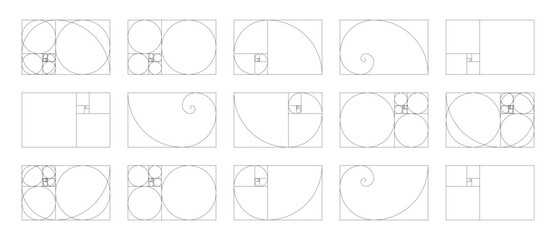 Horizontal Fibonacci numbers array set of 15 elements. Template of golden ratio harmony proportions. 