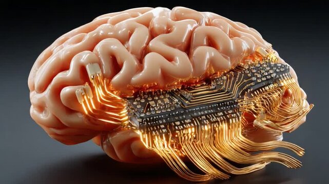 Brain-Computer Interface: An intriguing depiction of the human brain with embedded digital pathways, hinting at the futuristic possibilities of technology, intelligence, and cognitive enhancement.