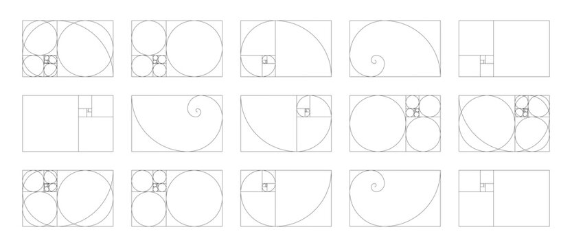 Horizontal Fibonacci numbers array set of 15 elements. Template of golden ratio harmony proportions. 