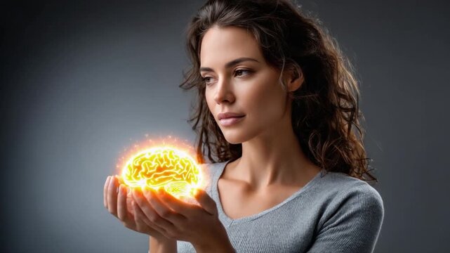 Illuminated Mind: A contemplative woman cradles a glowing brain, symbolizing intellect, knowledge, and the power of thought against a simple backdrop.