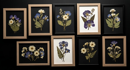 Collection of framed pressed flower art with various flower types and frame colors on a black background ai generated
