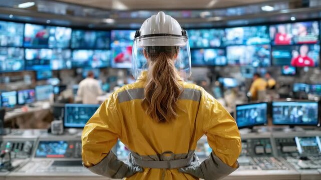 The Vigilant Guardian: A focused female technician in a high-tech control room, her gaze fixed on multiple screens displaying intricate data. The essence of technological mastery.