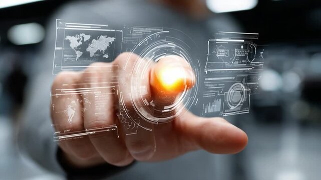 Interactive Interface: A person interacts with a futuristic, holographic interface, a symbol of progress and technological advancement. This image signifies the cutting edge of digital interaction.