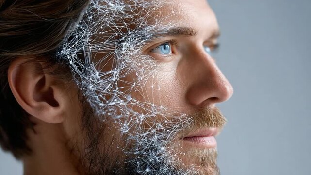 Mystical Transformation: A man's face is subtly adorned with delicate, shimmering threads, creating an intriguing contrast between human form and abstract art.