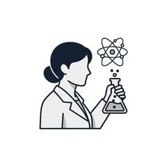 Female scientist holding beaker with atom symbol conducting experiment in laboratory, showcasing scientific research and discovery.