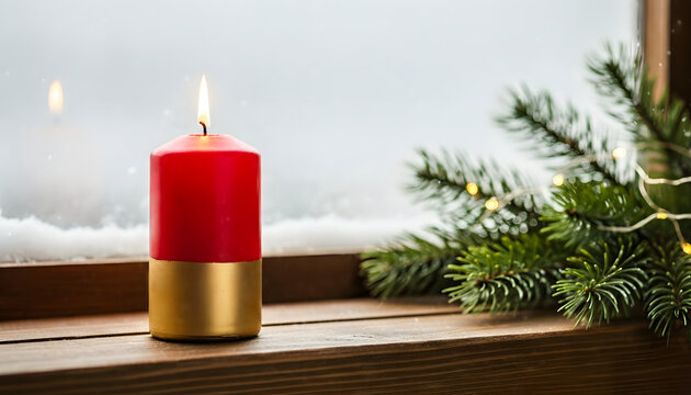 Red candle burning on wooden windowsill with snow and pine branches  