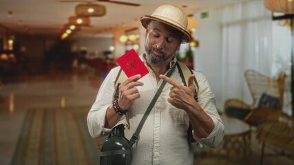 Man with backpack and pith helmet holding passport and pointing thumb to it in a hotel building lobby; adventure excitement.