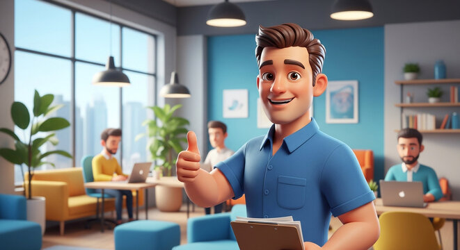 Smiling cartoon man giving thumbs up in colorful office with coworkers