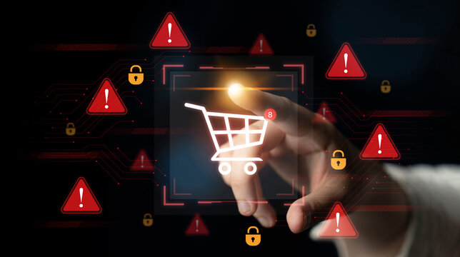 A security alert concept for e-commerce. This warning signifies a risk in an online shopping transaction, potential payment fraud, or a cybersecurity threat to the user. Fermion