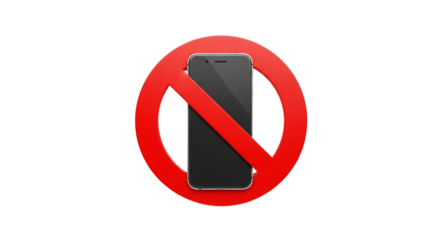 Red prohibition sign with a smartphone inside, isolated on a transparent background, cutout, PNG