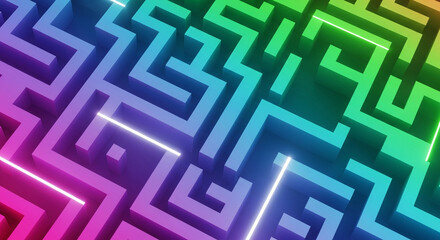 Abstract colorful maze background with glowing neon lines, symbolizing strategy and complex solutions in a vibrant, modern design