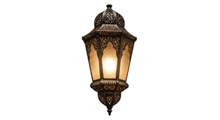 Ornate Moroccan Style Hanging Lantern with Frosted Glass Panels and Warm Illumination, isolated on a transparent background, cutout, PNG