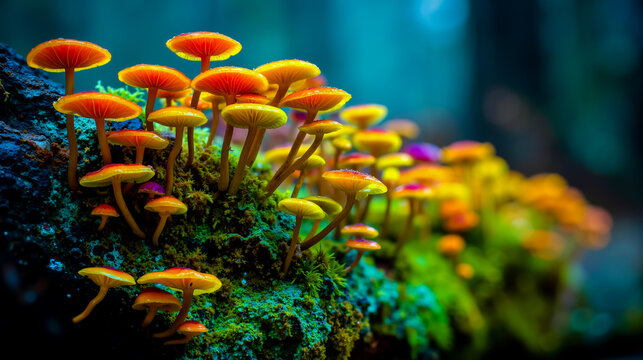 Mushrooms colorful vibrant nature forest wildlife fungi close-up macro photography bright lush green blue red orange yellow growth organic