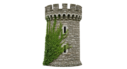 Stone Castle Tower with Green Ivy and Crenellated Battlements, isolated on a transparent background, cutout, PNG