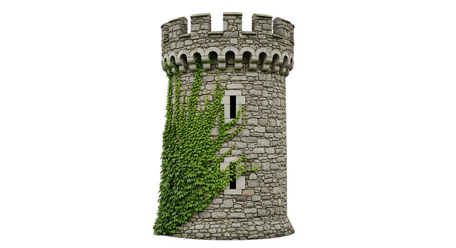 Stone Castle Tower with Green Ivy and Crenellated Battlements, isolated on a transparent background, cutout, PNG - Powered by Adobe