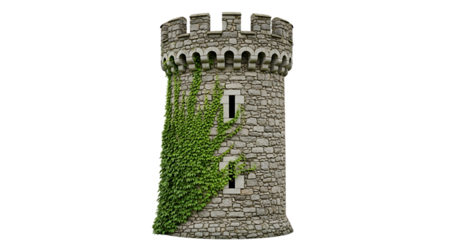 Stone Castle Tower with Green Ivy and Crenellated Battlements, isolated on a transparent background, cutout, PNG