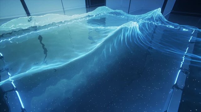 Water waves in a dynamic simulation exhibit glowing edges and intricate textures, as the camera pans across the surface, highlighting the fluid motion and visual depth