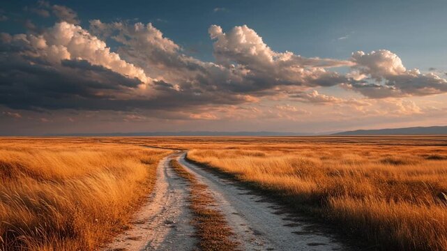 Rural Path under Golden Horizon. Hopeful Journey, Life Transition, Human Migration.