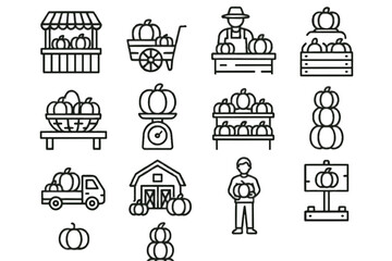 Market stand icon wooden table pumpkin customer box selling scale icons vector