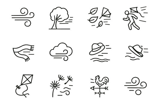 Seeds weather umbrella vector flying icon person lines windy scarf holding icons