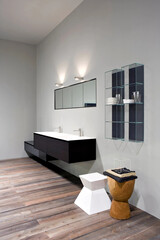Modern bathroom interior in minimal scandinavian style, 3d render