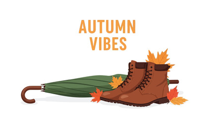 Cozy autumn vibes with brown leather boots and green umbrella adorned with falling leaves