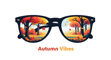 Stylish black sunglasses reflecting vibrant autumn trees and colorful fall foliage landscape