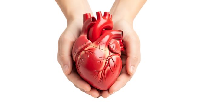 Human Heart held gently in cupped hands with visible arteries and veins, isolated on a transparent background, cutout, PNG