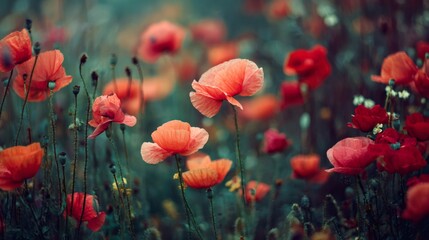 Fototapeta premium Poppies blooming with soft focus and bokeh creating a dreamy, abstract spring and summer floral background